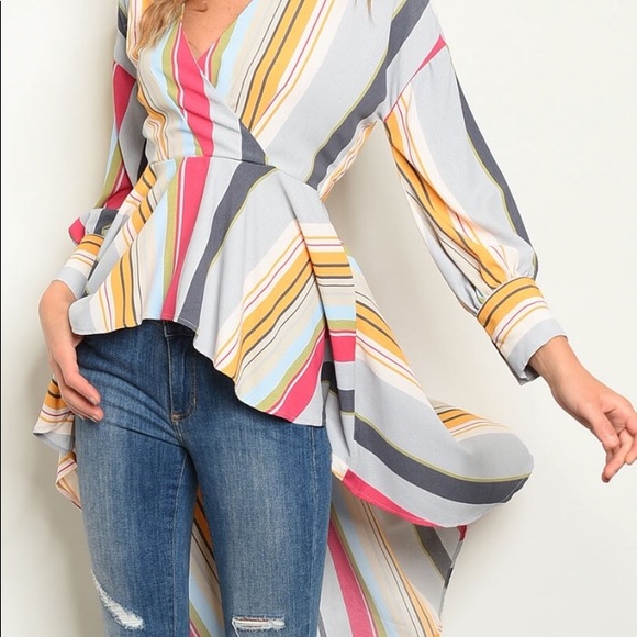 Retro Gray Multi Color Stripe High Low Detailed Top - Picture 3 of 9